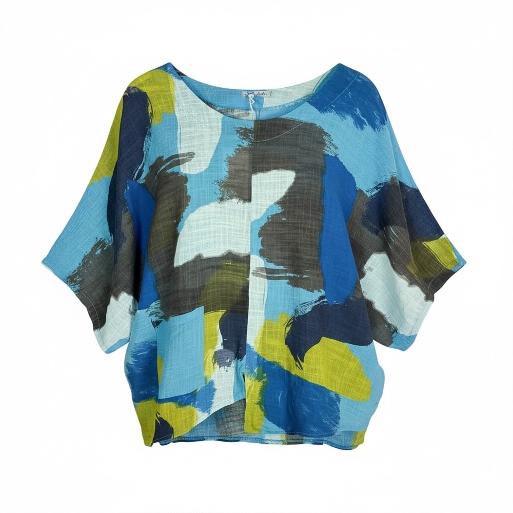 Simply Couture Italia Top XL Blue Abstract Artsy Lagenlook Cotton Made Italy